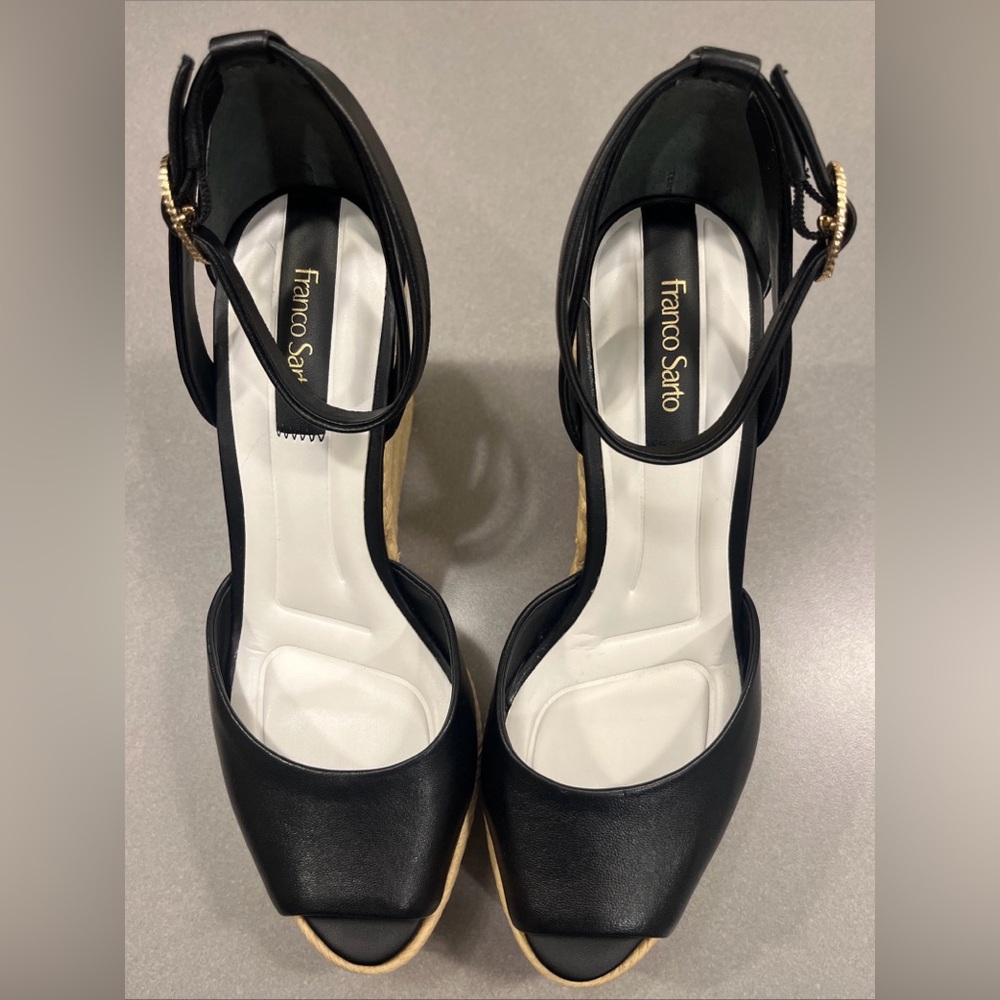 Franco Sarto Women’s 4.5in Platform Espadrille Black Leather Wedge Sandals 8.5
